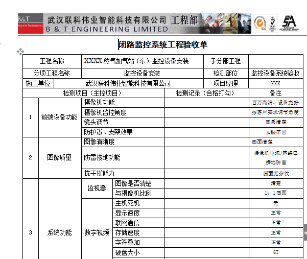 XXXX然气加气站（东）监控设备验收单